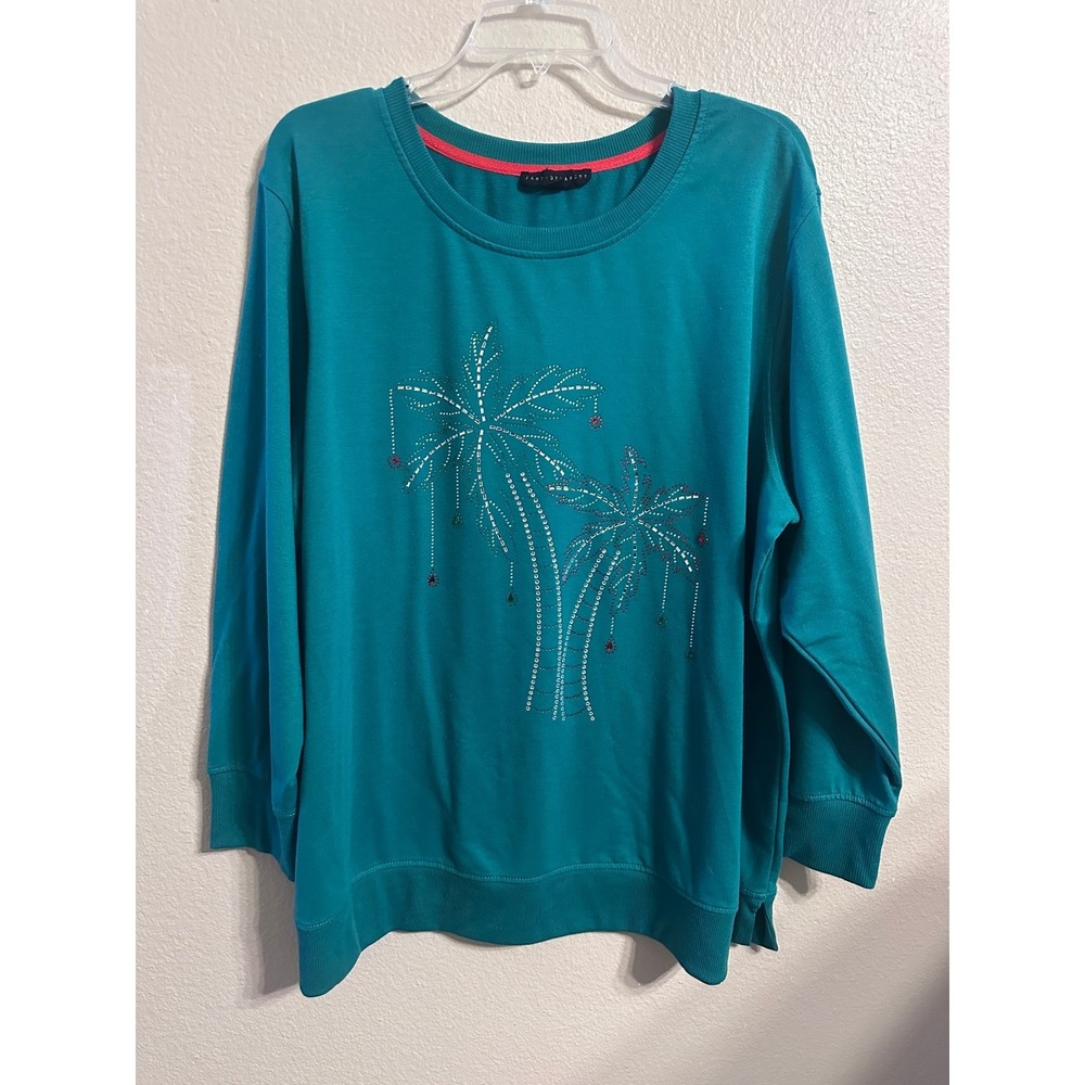 Jane + Delancy Women's 1X Teal Palm Tree Embellished Holiday Sweatshirt